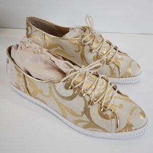 Charles Jourdan Paris Cream and Gold Lace Up Sneakers Size 7